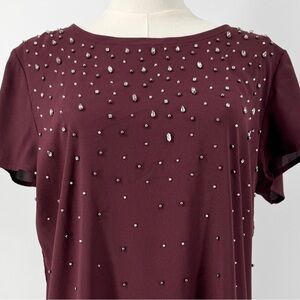 Ann Taylor Rhinestone Embellished Top Size M  Burgundy Holiday Sparkle Party